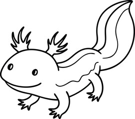 Adorable Cartoon Axolotl Drawing in Black and White Line Art Style
