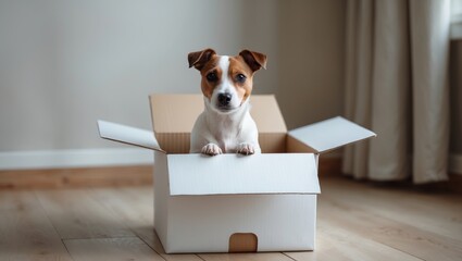 Plakat Adorable dog unboxing an online purchase, pet shopping idea, canine portrait.