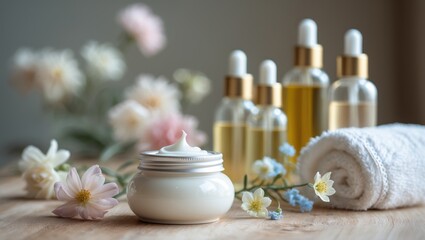 Skincare cream and flowers arranged on a table. Cosmetics designed for skin care.