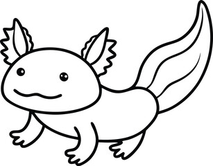 Adorable Cartoon Axolotl Drawing in Black and White Line Art Style