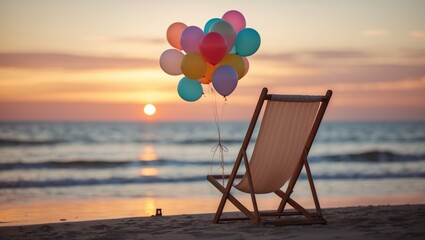 Silhouette of a balloon on the beach at sunset, with multicolored balloons attached to a chair.