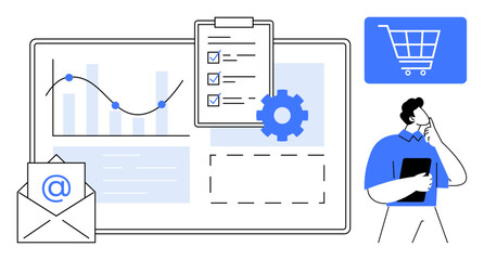 Graphs, checklist on clipboard, email envelope, shopping cart icon, and thoughtful man. Ideal for e-commerce, data management, strategy, digital marketing productivity online shopping flat simple