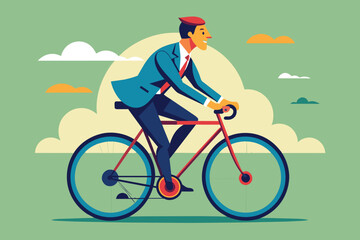 Naklejka premium A man elegantly dressed in a suit energetically pedals a bicycle in a colorful, cheerful setting complemented by clouds and a bright background.