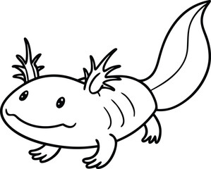 Adorable Cartoon Axolotl Drawing in Black and White Line Art Style