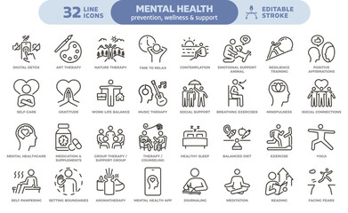 Mental health prevention, wellness and support icon set. Thin line editable stroke icons for self-care, therapy, mental wellbeing, resilience, positive lifestyle, emotional balance, stress management