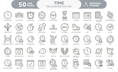 Time icon set. Thin line editable stroke icons. Clocks, calendars, time management, productivity, deadlines, calendars, schedule, productivity, business efficiency, time management, dates, performance