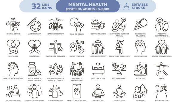 Mental health prevention, wellness and support icon set. Thin line editable stroke icons for self-care, therapy, mental wellbeing, resilience, positive lifestyle, emotional balance, stress management