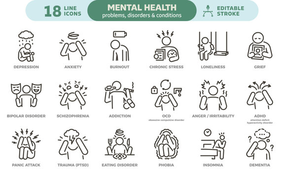 Mental health problems, disorders and conditions icon set. Thin line editable stroke icons. Psychiatric disorders, depression, anxiety, burnout, bipolar, schizophrenia, addiction, PTSD, stress, trauma