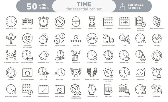 Time icon set. Thin line editable stroke icons. Clocks, calendars, time management, productivity, deadlines, calendars, schedule, productivity, business efficiency, time management, dates, performance