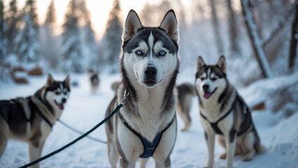 Siberian Huskies getting ready for sledding adventures.