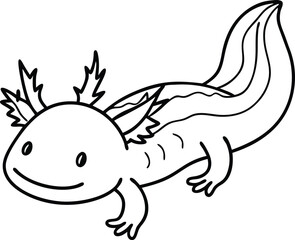 Adorable Cartoon Axolotl Drawing in Black and White Line Art Style