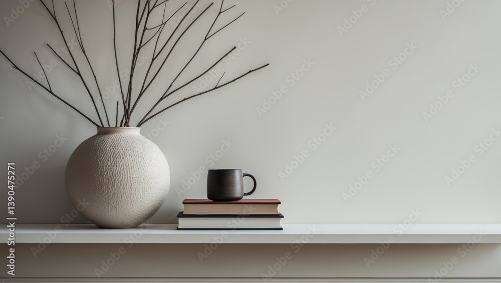Poster elegant home still life. floating shelf display featuring a textured vase with olive tree branches, 