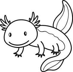 Adorable Cartoon Axolotl Drawing in Black and White Line Art Style