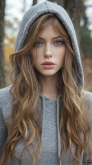 Naklejka premium Young Woman in Hooded Sweatshirt with Long Hair in Autumn Forest Setting