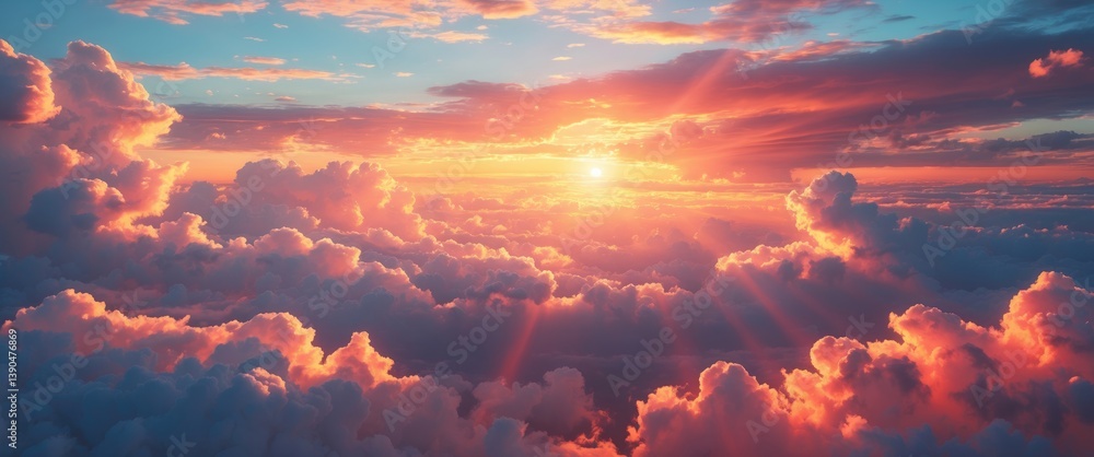 Poster dawn setting. striking grand landscape at dusk. cloudy sky against a gentle background. sunrise show