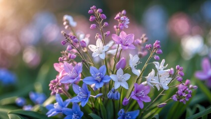 Obraz premium Small bouquet of tiny pink, white, and bluebell flowers displaying stamen and anther in a macro close-up with a blurred background and white vignette edges in a horizontal format.