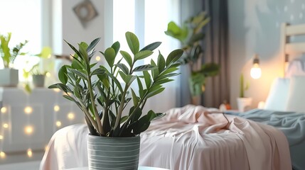 A medium-sized  plant placed on a coffee table next to the bed in a bright bedroom, Generative AI illustrations.