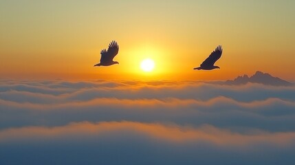 Majestic birds soar above a sunrise