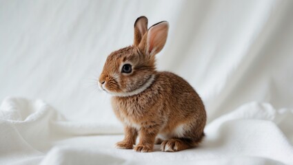 Side view of an adorable eight-week-old brown baby rabbit, sitting and gazing away, isolated against a white background.