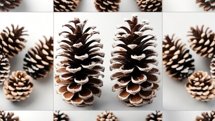 Decorative pine cone covered in artificial snow, isolated against the background, featuring various angles.
