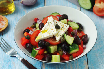 A bowl with traditional Greek salad Horiatiki	