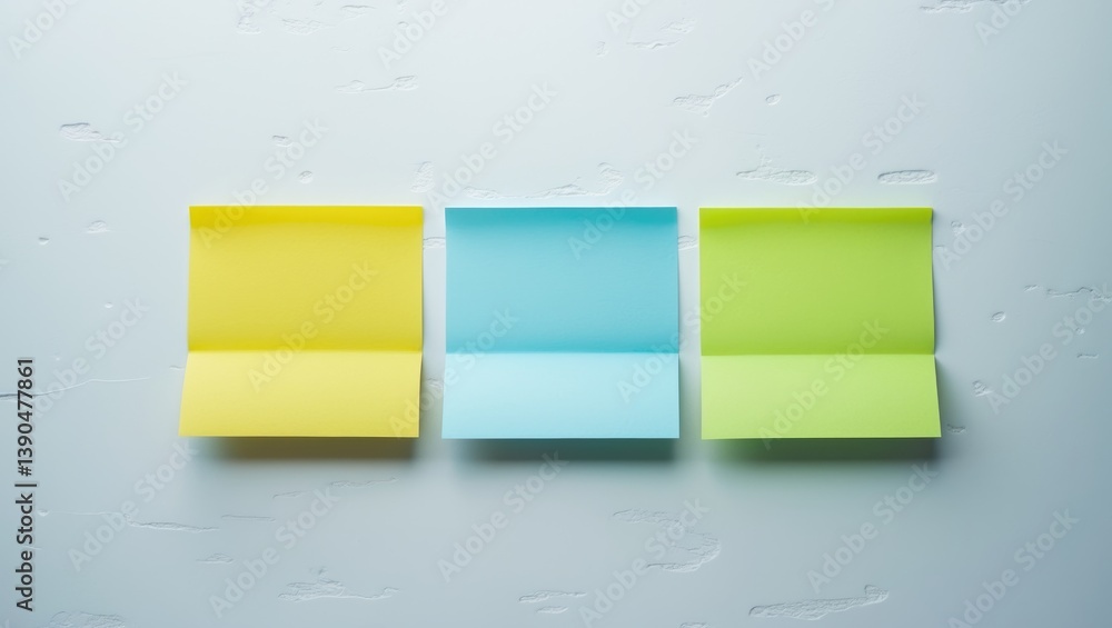 Poster three empty sticky notes set apart on a backdrop. discussing business, teamwork, brainstorming idea.