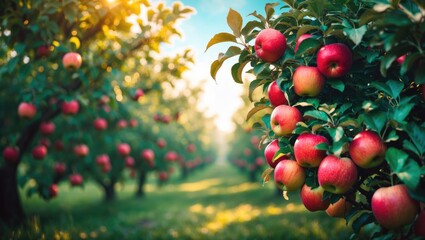Shiny appetizing apples suspended from a branch of a tree