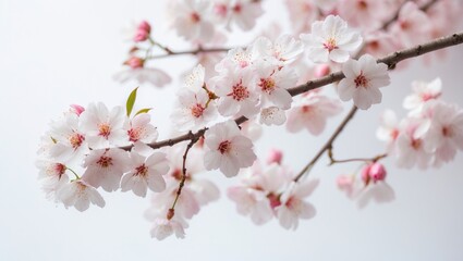 The almond tree with pink blossoms on a branch set against a white background.