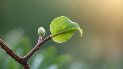 The first gentle leaves of spring, along with buds and branches, macro background.