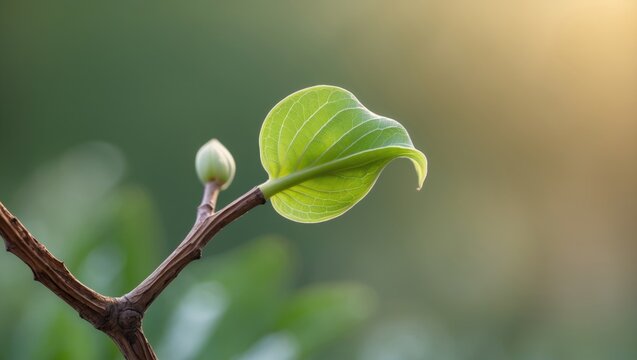 The first gentle leaves of spring, along with buds and branches, macro background.