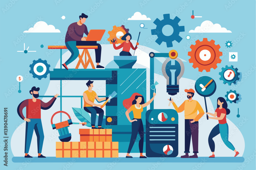 Poster a diverse group of individuals collaborates in a vibrant workspace, engaging in brainstorming and id