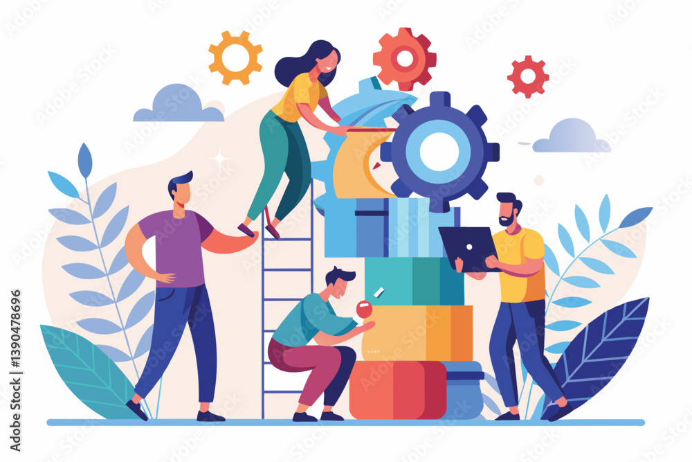 Poster a diverse group of individuals collaborates enthusiastically, stacking colorful blocks and gears whi