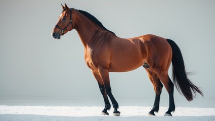 Obraz premium The stunning bay sport horse posed alone against a white background. Side view