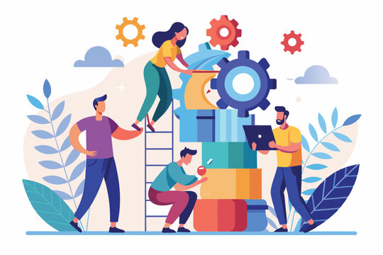 A diverse group of individuals collaborates enthusiastically, stacking colorful blocks and gears while using a ladder in a bright, modern workspace filled with greenery.