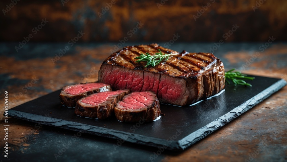 Poster Sliced T-bone steak resting on dark surface.