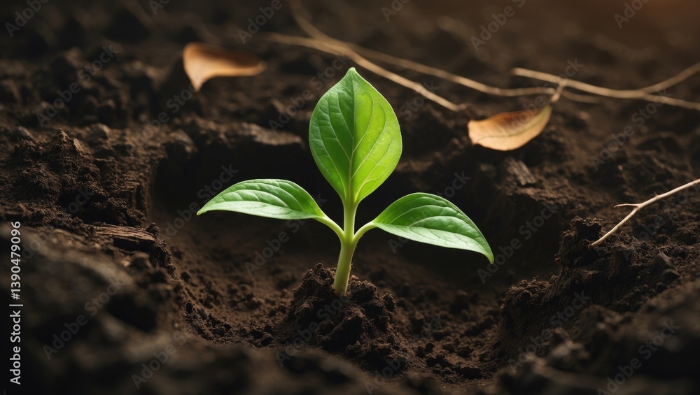 Poster small green sprout emerging from the soil macro image small tree