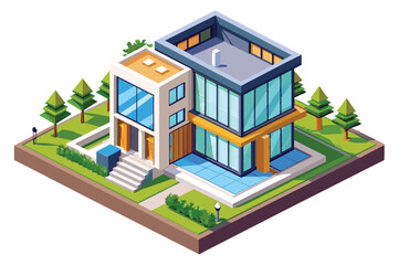 A contemporary two-story residence features expansive glass windows, an inviting outdoor atrium, and a well-maintained garden, situated in a peaceful suburban area.