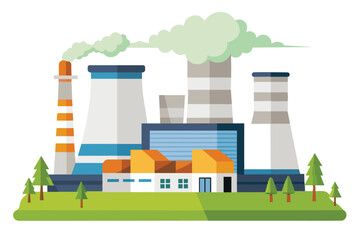 The facility features several cooling towers, smokestacks, and a central building, all set in a green area with trees and a clear blue sky.