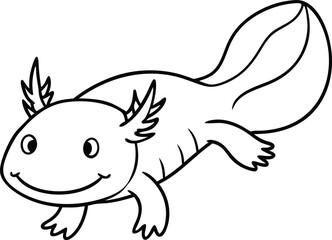Adorable Cartoon Axolotl Drawing in Black and White Line Art Style