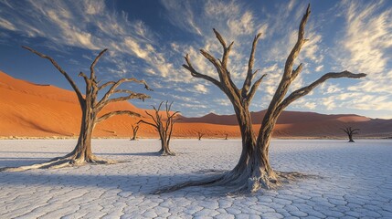Dead trees in desert landscape of deadvlei namibia at sunrise