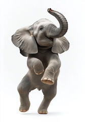 happy elephant dance dance , stand up by two legs and funny dance , smile, realistic pose, full body, natural light, full hd 8K, white isolated background, hyperrealistic photography