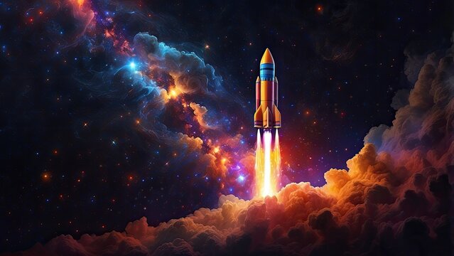 Digital illustration of a rocket made of glowing orange geometric lines and points