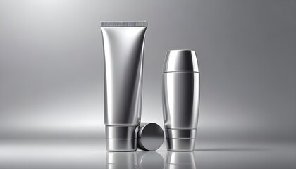 Realistic chrome cosmetic packaging tube mockup on polished mirror surface. Silver metal finish, luxury skincare branding template, isolated on white with elegant reflections and no distractions
