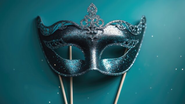 Silver sparkly mask on sticks against a turquoise backdrop, ideal for celebrations. Festive party accessories. High-quality image.
