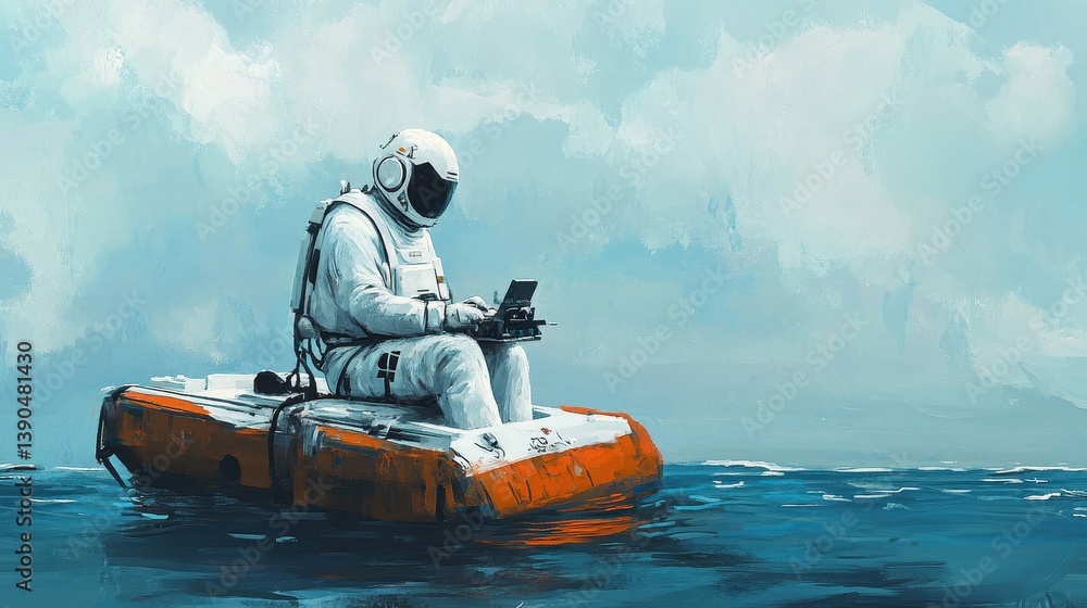 Poster an astronaut uses a device while floating on a small inflatable boat