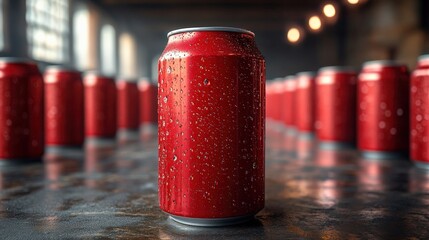 Close-Up of Dewy Red Soda Can in Warehouse with Background Cans, Refreshing Beverage