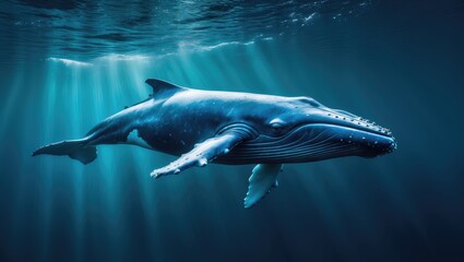 Fototapeta premium The blue whale gliding close to the surface with a backdrop of the blue sky.