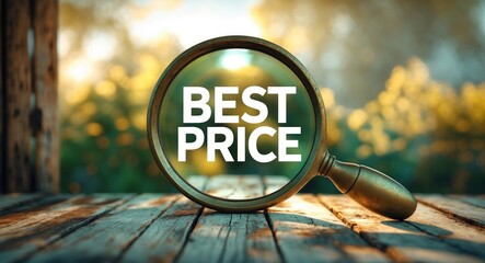 Text displaying the words Best price through a magnifying glass. Business idea focused on identifying the lowest or best price for buyers.