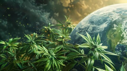 A planet earth, with hemp plants on it and extremely heathy earth, Generative AI illustrations.