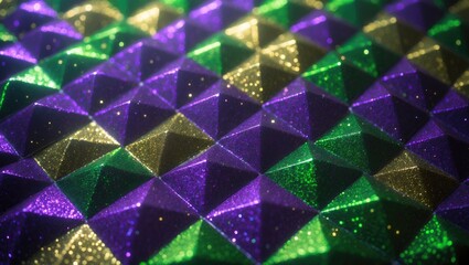 Shiny green, purple, and golden glittering paillettes diamonds pattern fabric background with space for text and copy.